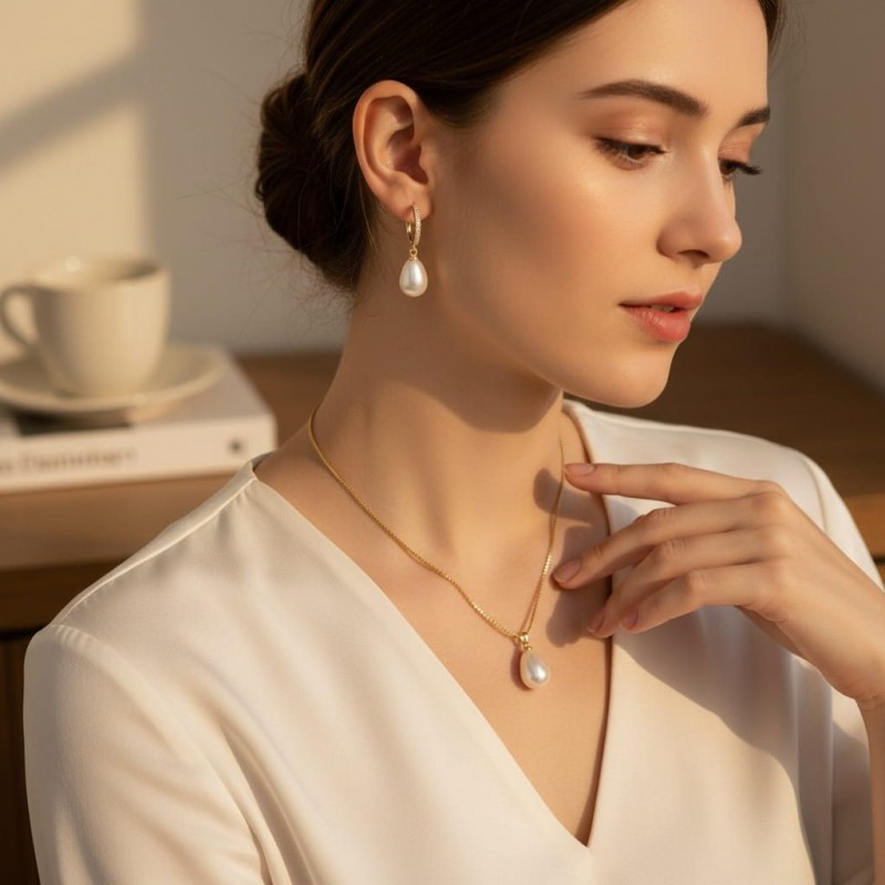 Lüks Damla İnci Kolye Küpe Seti - Zirkon Taşlı Kararmaz Çelik Altın Kaplama Hediye Seti Lüks Damla İnci Kolye Küpe Seti - Zirkon Taşlı Kararmaz Çelik Altın Kaplama Hediye Seti