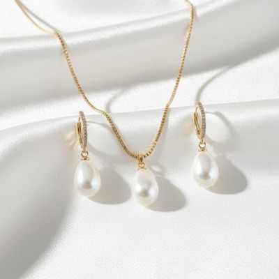 Lüks Damla İnci Kolye Küpe Seti - Zirkon Taşlı Kararmaz Çelik Altın Kaplama Hediye Seti