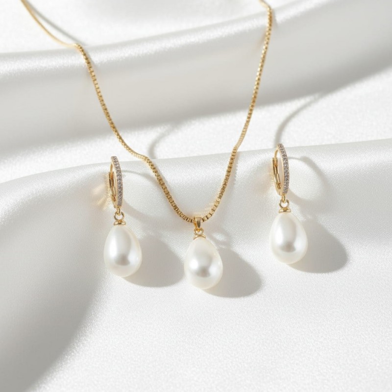 Lüks Damla İnci Kolye Küpe Seti - Zirkon Taşlı Kararmaz Çelik Altın Kaplama Hediye Seti Lüks Damla İnci Kolye Küpe Seti - Zirkon Taşlı Kararmaz Çelik Altın Kaplama Hediye Seti