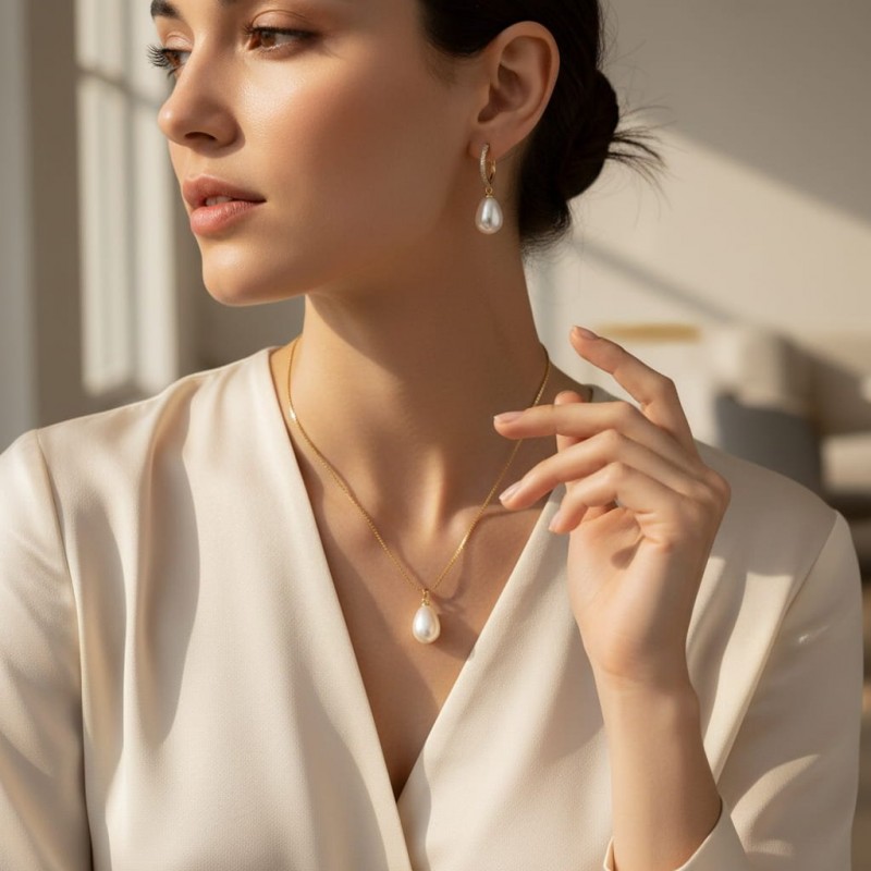 Lüks Damla İnci Kolye Küpe Seti - Zirkon Taşlı Kararmaz Çelik Altın Kaplama Hediye Seti Lüks Damla İnci Kolye Küpe Seti - Zirkon Taşlı Kararmaz Çelik Altın Kaplama Hediye Seti