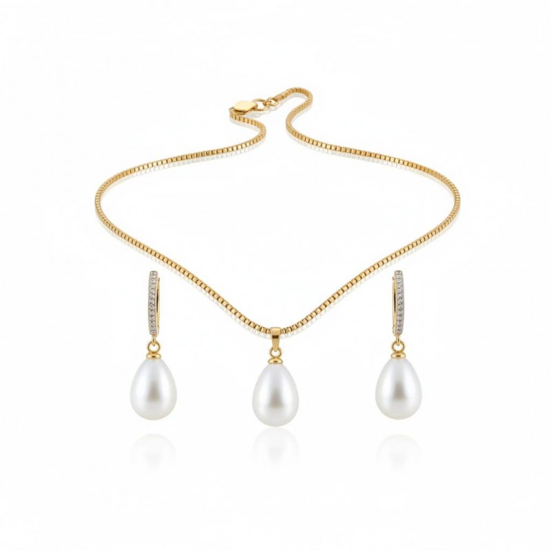 Lüks Damla İnci Kolye Küpe Seti - Zirkon Taşlı Kararmaz Çelik Altın Kaplama Hediye Seti Lüks Damla İnci Kolye Küpe Seti - Zirkon Taşlı Kararmaz Çelik Altın Kaplama Hediye Seti