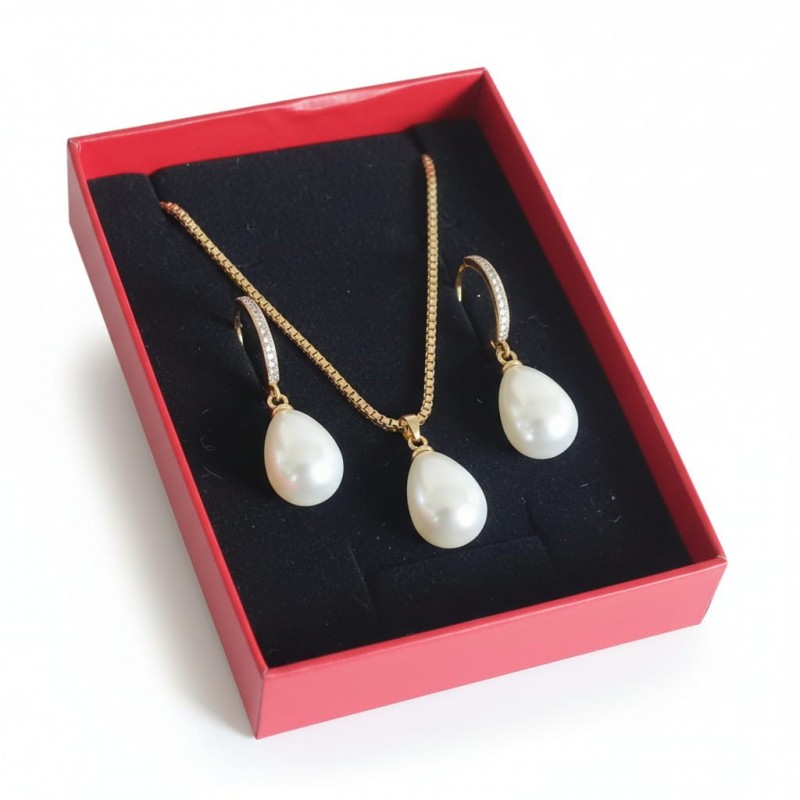 Lüks Damla İnci Kolye Küpe Seti - Zirkon Taşlı Kararmaz Çelik Altın Kaplama Hediye Seti Lüks Damla İnci Kolye Küpe Seti - Zirkon Taşlı Kararmaz Çelik Altın Kaplama Hediye Seti