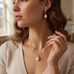 Lüks Damla İnci Kolye Küpe Seti - Zirkon Taşlı Kararmaz Çelik Gümüş Kaplama Hediye Seti