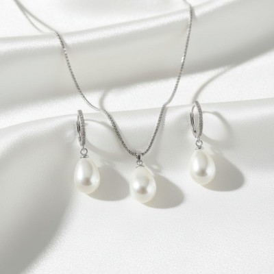 Lüks Damla İnci Kolye Küpe Seti - Zirkon Taşlı Kararmaz Çelik Gümüş Kaplama Hediye Seti