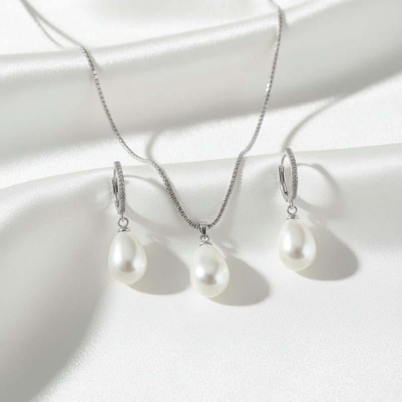 Lüks Damla İnci Kolye Küpe Seti - Zirkon Taşlı Kararmaz Çelik Gümüş Kaplama Hediye Seti Lüks Damla İnci Kolye Küpe Seti - Zirkon Taşlı Kararmaz Çelik Gümüş Kaplama Hediye Seti