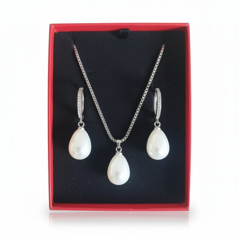 Lüks Damla İnci Kolye Küpe Seti - Zirkon Taşlı Kararmaz Çelik Gümüş Kaplama Hediye Seti Lüks Damla İnci Kolye Küpe Seti - Zirkon Taşlı Kararmaz Çelik Gümüş Kaplama Hediye Seti