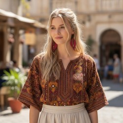 Bordo Hakiki Deri Yaprak Formlu Etnik Küpe - Antik Sarı Kararmaz Alerji Yapmaz Bohem Takı