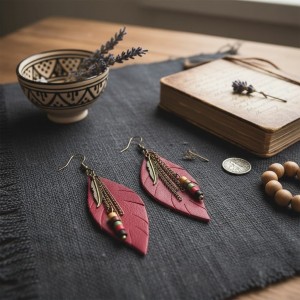 Bordo Hakiki Deri Yaprak Formlu Etnik Küpe - Antik Sarı Kararmaz Alerji Yapmaz Bohem Takı