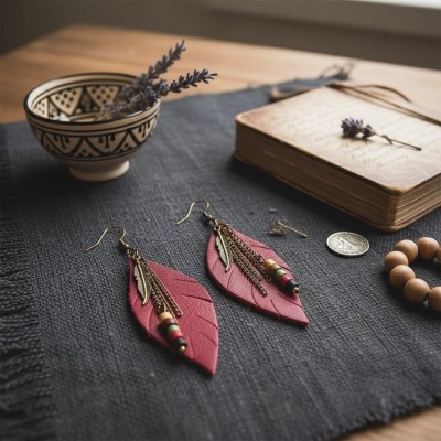 Bordo Hakiki Deri Yaprak Formlu Etnik Küpe - Antik Sarı Kararmaz Alerji Yapmaz Bohem Takı