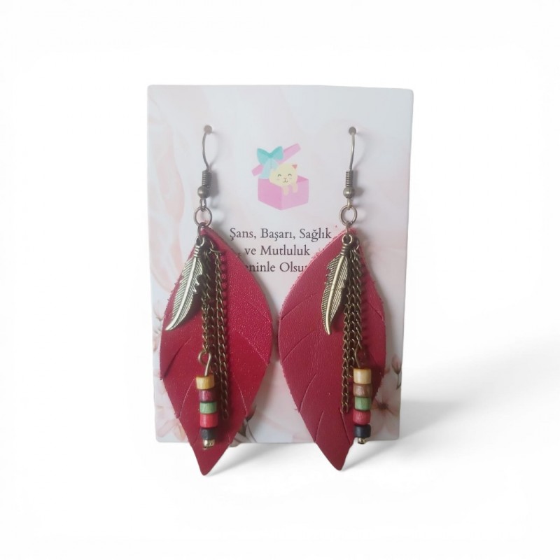 Bordo Hakiki Deri Yaprak Formlu Etnik Küpe - Antik Sarı Kararmaz Alerji Yapmaz Bohem Takı Bordo Hakiki Deri Yaprak Formlu Etnik Küpe - Antik Sarı Kararmaz Alerji Yapmaz Bohem Takı