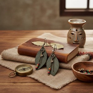 Haki Yeşil Hakiki Deri Yaprak Formlu Etnik Küpe - Antik Sarı Kararmaz Alerji Yapmaz Bohem Takı