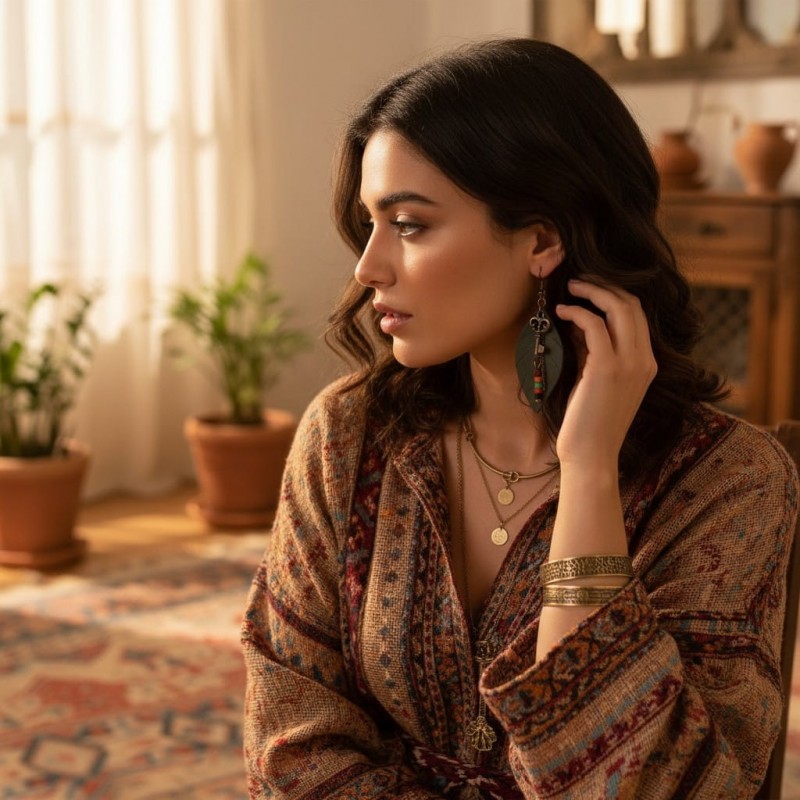 Haki Yeşil Hakiki Deri Yaprak Formlu Etnik Küpe - Antik Sarı Kararmaz Alerji Yapmaz Bohem Takı