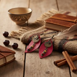 Kırmızı Hakiki Deri Yaprak Formlu Etnik Küpe - Antik Sarı Kararmaz Alerji Yapmaz Bohem Takı