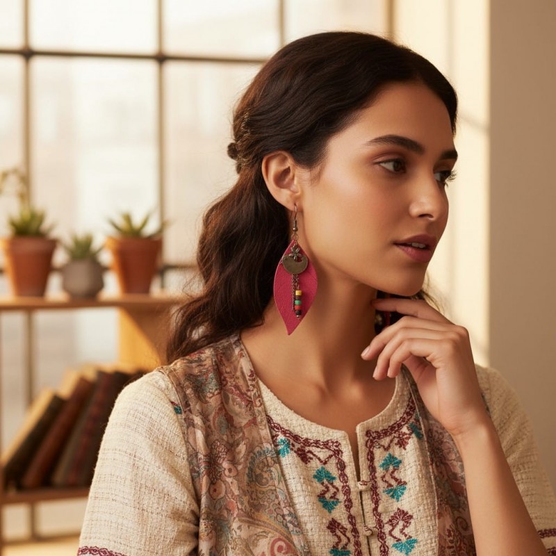 Kırmızı Hakiki Deri Yaprak Formlu Etnik Küpe - Antik Sarı Kararmaz Alerji Yapmaz Bohem Takı Kırmızı Hakiki Deri Yaprak Formlu Etnik Küpe - Antik Sarı Kararmaz Alerji Yapmaz Bohem Takı