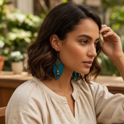 Petrol Yeşili Hakiki Deri Yaprak Formlu Etnik Küpe - Antik Sarı Kararmaz Alerji Yapmaz Bohem Takı