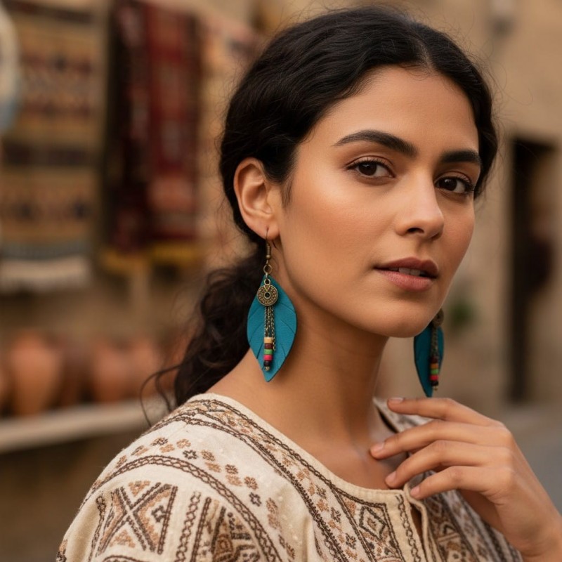 Petrol Yeşili Hakiki Deri Yaprak Formlu Etnik Küpe - Antik Sarı Kararmaz Alerji Yapmaz Bohem Takı Petrol Yeşili Hakiki Deri Yaprak Formlu Etnik Küpe - Antik Sarı Kararmaz Alerji Yapmaz Bohem Takı