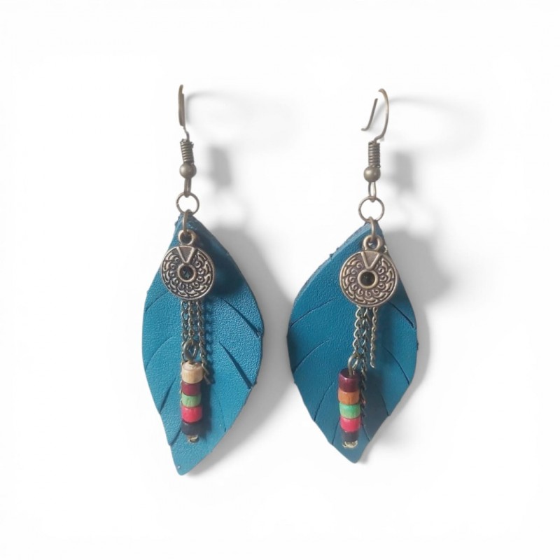 Petrol Yeşili Hakiki Deri Yaprak Formlu Etnik Küpe - Antik Sarı Kararmaz Alerji Yapmaz Bohem Takı Petrol Yeşili Hakiki Deri Yaprak Formlu Etnik Küpe - Antik Sarı Kararmaz Alerji Yapmaz Bohem Takı