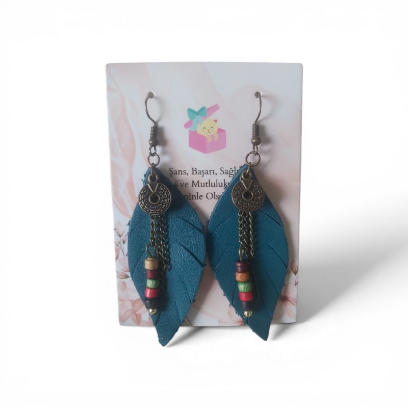 Petrol Yeşili Hakiki Deri Yaprak Formlu Etnik Küpe - Antik Sarı Kararmaz Alerji Yapmaz Bohem Takı Petrol Yeşili Hakiki Deri Yaprak Formlu Etnik Küpe - Antik Sarı Kararmaz Alerji Yapmaz Bohem Takı