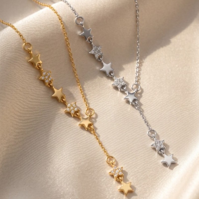 Yeni Sezon Yıldız Detaylı Y Kolye - Zirkon Taşlı Kararmaz Gold Renk