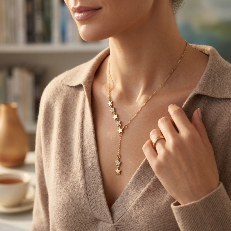 Yeni Sezon Yıldız Detaylı Y Kolye - Zirkon Taşlı Kararmaz Gold Renk