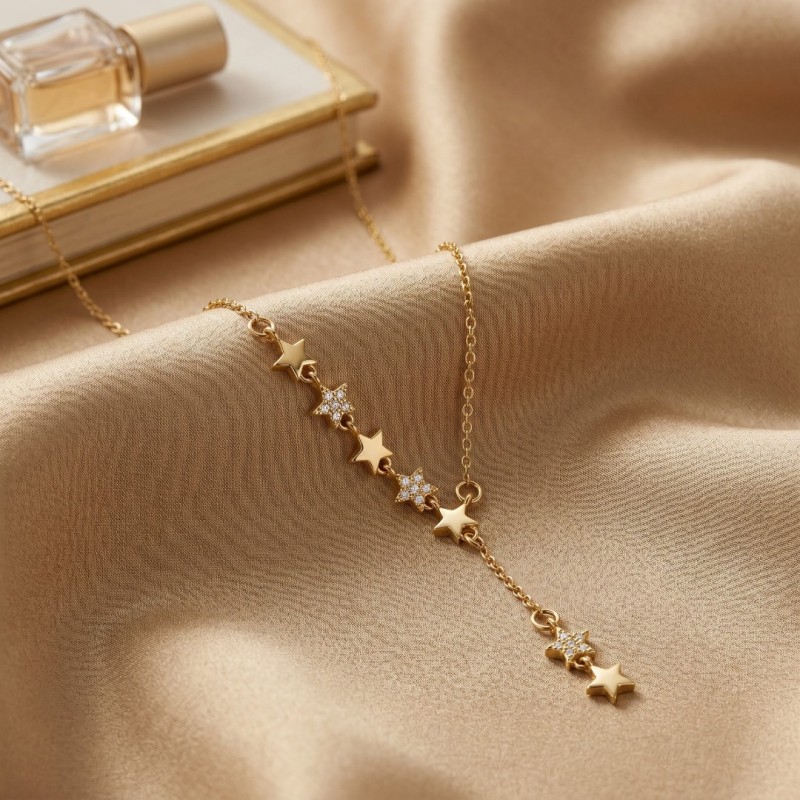 Yeni Sezon Yıldız Detaylı Y Kolye - Zirkon Taşlı Kararmaz Gold Renk