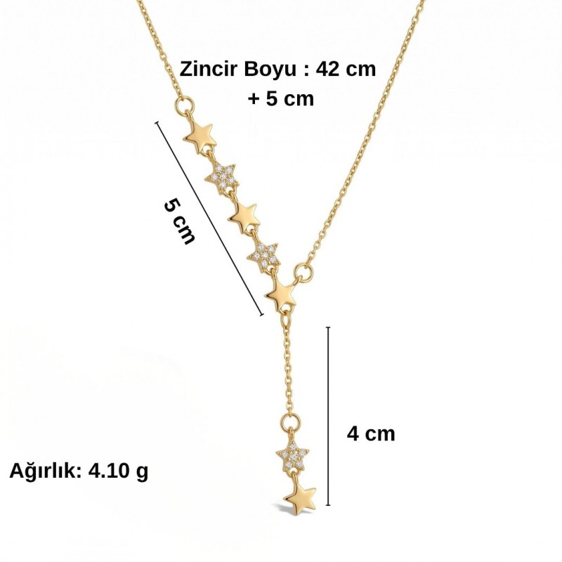 Yeni Sezon Yıldız Detaylı Y Kolye - Zirkon Taşlı Kararmaz Gold Renk