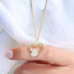 Çift Kalpli Zirkon Taşlı Çelik Kolye - Gold Renk - Kararmaz Zarif Tasarım