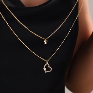 Çift Katmanlı Altın Renk Kalpli ve Kelebek Figürlü Çelik Kolye | Zirkon Taşlı Zarif Tasarım