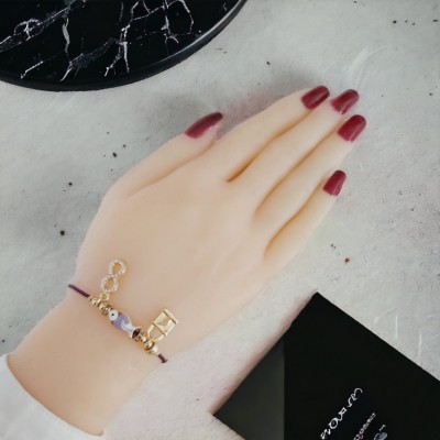 Mürdüm Renk Kordonlu Kararmaz Altın Kaplama Bayan Bileklik - Balık, Sonsuzluk ve Kilit Charm Detaylı, İp Asansör Moda Bileklik 