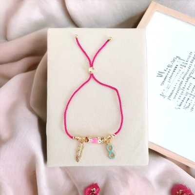 Ayarlanabilir Kordonlu Kararmaz Altın Kaplama Bayan Bileklik - Balık, Sonsuzluk ve Yaprak Charm Detaylı Moda Bileklik - Pembe Rekli Ayarlanabilir Kordonlu Kararmaz Altın Kaplama Bayan Bileklik - Balık, Sonsuzluk ve Yaprak Charm Detaylı Moda Bileklik - Pembe Rekli