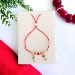 Ayarlanabilir Kordonlu Kararmaz Altın Kaplama Bayan Bileklik - Balık, Sonsuzluk ve Yaprak Charm Detaylı Moda Bileklik - Kırmızı Kordon 