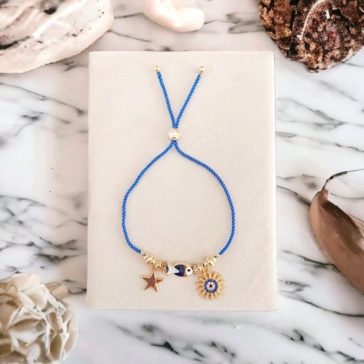 Ayarlanabilir İpli Kararmaz Altın Kaplama Bayan Bileklik - Balık, Yıldız ve Nazar Charm Detaylı - Lacivert Renkli 