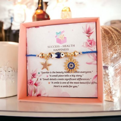 Ayarlanabilir İpli Kararmaz Altın Kaplama Bayan Bileklik - Balık, Yıldız ve Nazar Charm Detaylı - Lacivert Renkli  Ayarlanabilir İpli Kararmaz Altın Kaplama Bayan Bileklik - Balık, Yıldız ve Nazar Charm Detaylı - Lacivert Renkli