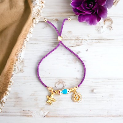 Ayarlanabilir İpli Kararmaz Altın Kaplama Bayan Bileklik - Balık, Deniz Yıldızı ve Nazar Charm Detaylı Moda Bileklik - Mor Renk Kordon Ayarlanabilir İpli Kararmaz Altın Kaplama Bayan Bileklik - Balık, Deniz Yıldızı ve Nazar Charm Detaylı Moda Bileklik - Mor Renk Kordon