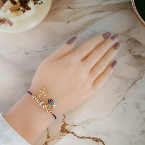 Ayarlanabilir İpli Kararmaz Altın Kaplama Bayan Bileklik - Balık, Nazar Charm Detaylı Moda Bilekli