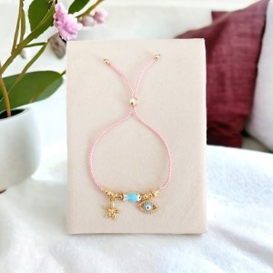Ayarlanabilir Pembe İpli El Yapımı Bileklik - Balık, Deniz Yıldızı ve Nazarlı Göz Charm Detaylı Pandora Modeli Bayan Bileklik  Ayarlanabilir Pembe İpli El Yapımı Bileklik - Balık, Deniz Yıldızı ve Nazarlı Göz Charm Detaylı Pandora Modeli Bayan Bileklik