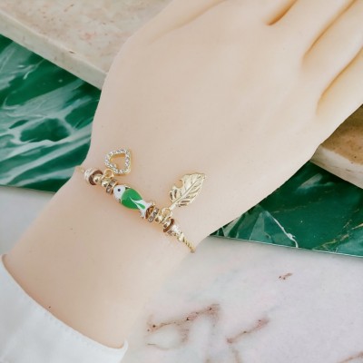 Ayarlanabilir Kordonlu Kararmaz Altın Kaplama Bayan Bileklik - Balık, Yaprak ve Kalp Charm Detaylı Moda Bileklik - Hardal Renk Ayarlanabilir Kordonlu Kararmaz Altın Kaplama Bayan Bileklik - Balık, Yaprak ve Kalp Charm Detaylı Moda Bileklik - Hardal Renk
