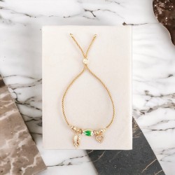 Ayarlanabilir Kordonlu Kararmaz Altın Kaplama Bayan Bileklik - Balık, Yaprak ve Kalp Charm Detaylı Moda Bileklik - Hardal Renk