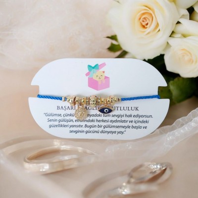 Nazar Boncuklu Charm Detaylı Mavi Kordon Ayarlanabilir Bileklik 