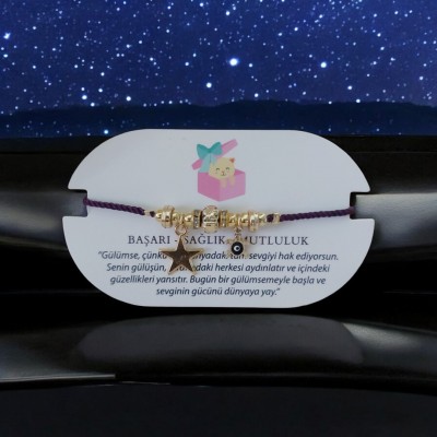 Nazarlı Kaplumbağa ve Yıldız Charmlı Mürdüm İpli Ayarlanabilir Antialerjik Bileklik – Şans ve Koruma Sembolü