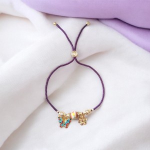 Kelebek ve Çiçek Obje Mürdüm Renkli Ayarlanabilir Kordon Bileklik – Kararmaz & Şık Tasarım