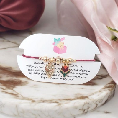 Baykuş ve Lale Charmlı Bordo Renk Ayarlanabilir Kordon Bileklik – Kararmaz & Şık Tasarım