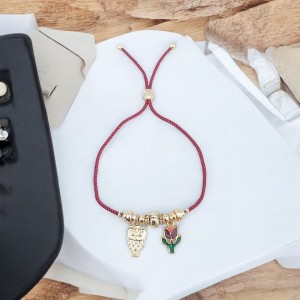 Baykuş ve Lale Charmlı Bordo Renk Ayarlanabilir Kordon Bileklik – Kararmaz & Şık Tasarım