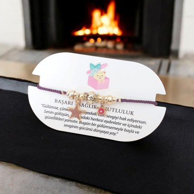 Yıldız ve Kaplunbağa Detaylı Charm Mürdüm Renk Ayarlanabilir Kordon Bileklik – Kararmaz & Şık Tasarım