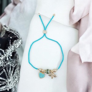 Kalp ve Arı Charmlı Turkuaz Renk Ayarlanabilir Bileklik – Kararmaz & Şık Tasarım