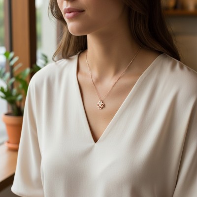 Kadın Rose Kaplama Kararmaz Çelik Kalpli Yonca Kolye - Şans Kolyesi