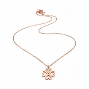 Kadın Rose Kaplama Kararmaz Çelik Kalpli Yonca Kolye - Şans Kolyesi