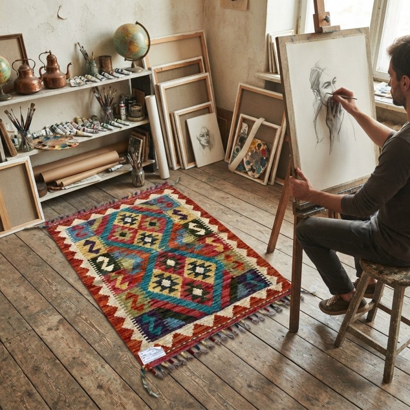 Yaratıcı Alanlarınıza İlham Katan Dokunuş: Kök Boya %100 Yün El Dokuma Kilim (86 x 60 cm)