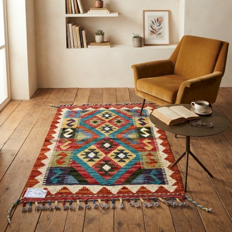 Yaratıcı Alanlarınıza İlham Katan Dokunuş: Kök Boya %100 Yün El Dokuma Kilim (86 x 60 cm)