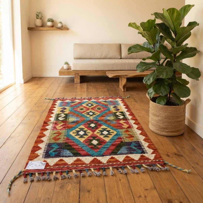 Yaratıcı Alanlarınıza İlham Katan Dokunuş: Kök Boya %100 Yün El Dokuma Kilim (86 x 60 cm)